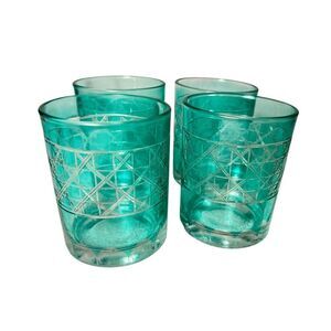 Anthropologie Bianca Jade Green Tumbler Drinking Glasses Etched Set of 4